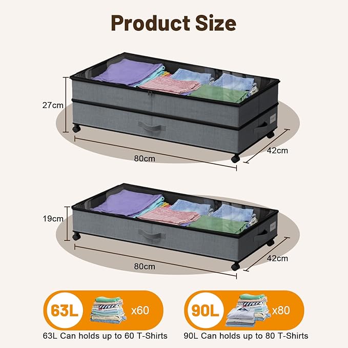 Under Bed Storage with Wheels, 2 Pack Large Capacity Storage Containers with Clear Lids & Handles, Adjustable Height 7.5”–10.6”, Under bed Organizer Bins for Shoes, Clothes, Blankets, Toys (Grey)