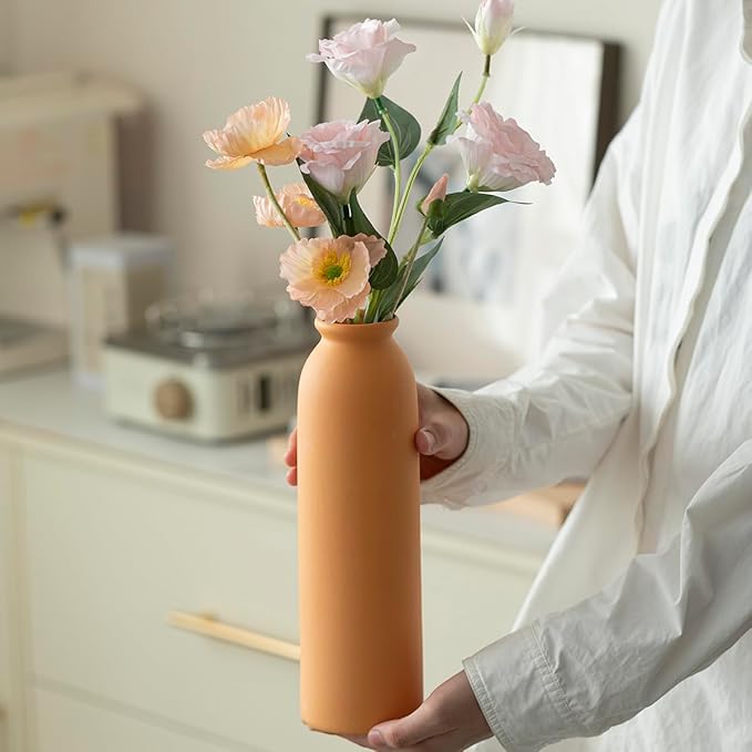 10.4 inches Tall Decorative Ceramic Vase Set, 3 Pieces, 10 inches Nordic Modern Style, White, Farmhouse Home Boho Shelf Decor(Orange)