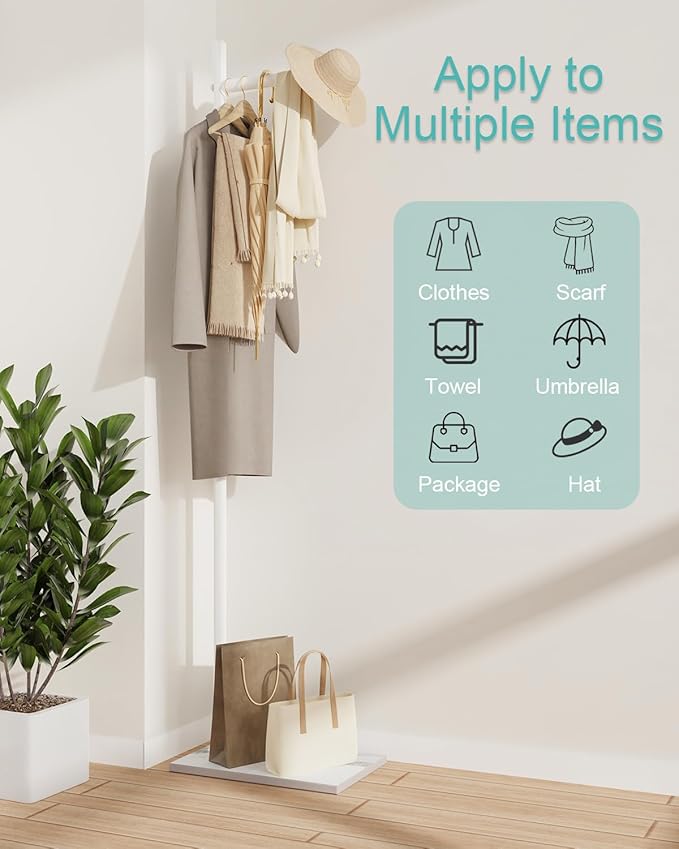Yawinhe Metal Coat Rack, Coat Tree with Rock Base,L Shaped Freestanding Hall Tree, Clothes Hanger Stand Suitable for Bedroom, Hallway, Entrance,68.5 Inches High,White,USMJ101W