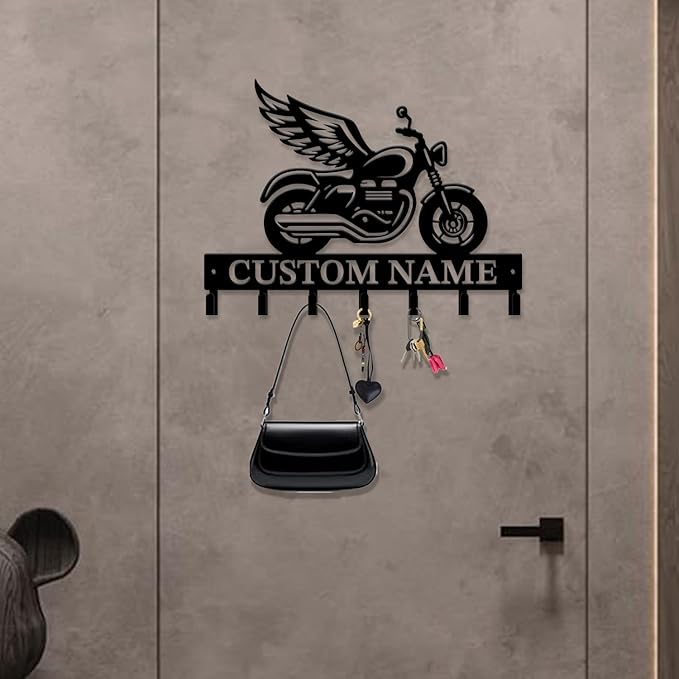 Custom Motorcycle Garage Metal Wall Hooks,Key Holder-Personalized Iron Wall Decor for Keys, Coats & Home (Black, Handmade,Decorative,Entryway, Bedroom,Man Cave) (Style A)
