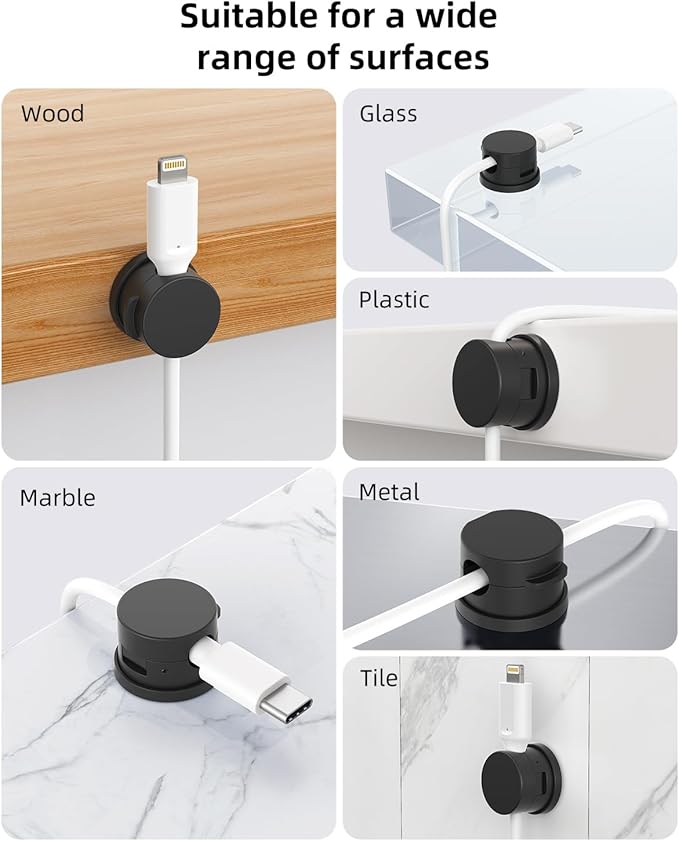 Cord Holder, Swiveling Cord Organizer, Magnetic Cable Clips for Desk, 6 Pack Cable Organizer for Nightstand, Adhesive Cable Holder Cable Management Clips for Car Home Office (Black)