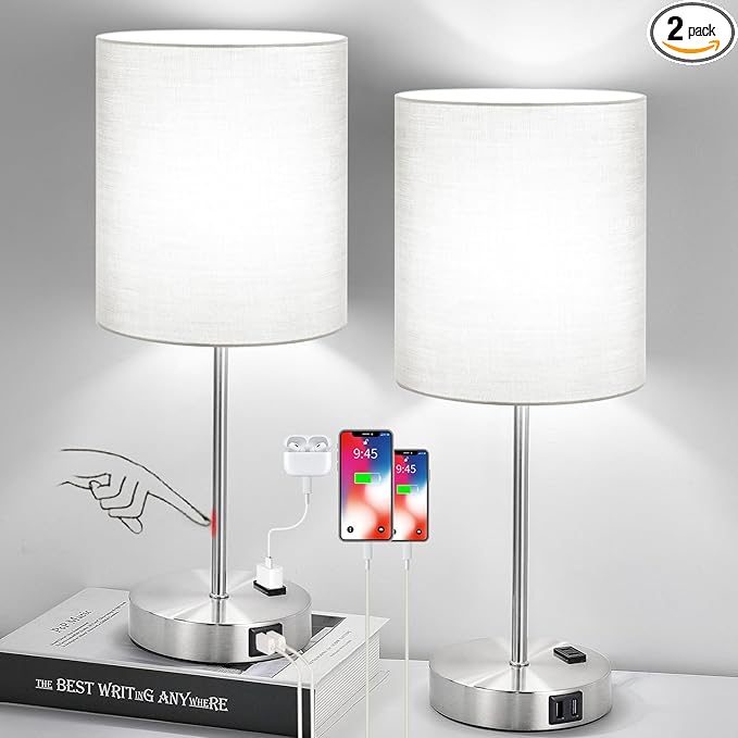 𝟮𝟬𝟮𝟯 𝗡𝗘𝗪 Set of 2 Touch Grey Table Lamps with 2 USB Ports & AC Outlet, 3-Way Dimmable Bedside Nightstand Lamps for Bedroom Living Room Nursery, 800 Lumens 5000K Daylight Bulbs Included