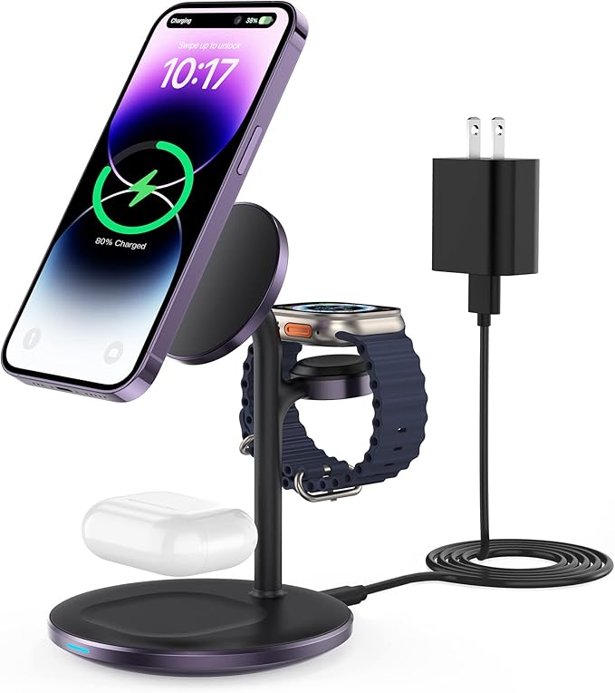 XooFly 3 in 1 Wireless Charging Station for Apple Devices, Fast Wireless Mag-Safe Charger Stand with 20W Adapter for iPhone 17/16 15 14 13 12 Pro Max/Pro/Plus/Air/Mini, iWatch, AirPods(Dark Purple)