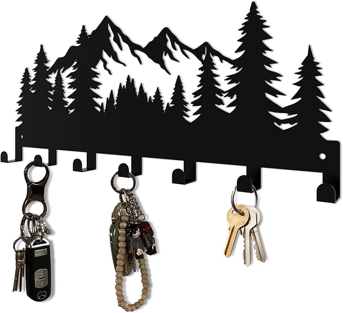 Key Holder Wall Mounted Key Hooks, Black Metal Key Rack Hooks, Grove, Mountain Theme Wall Decoration Hooks, with 7 Hooks, Applicable to Front Doors, Lobby,Corridor, Offices (12 ")
