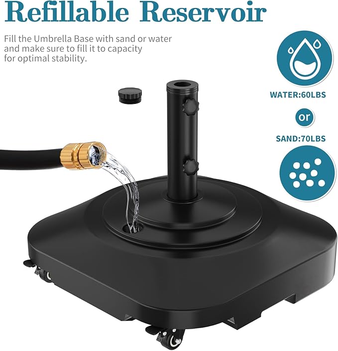 Umbrella Base,Heavy Duty Umbrella Stand with 5 Wheels, Max 135lb Fillable Umbrella Holder Wind-Resistant, Mobile Square Market Stand for Outdoor, Deck, Poolside, Lawn (19)