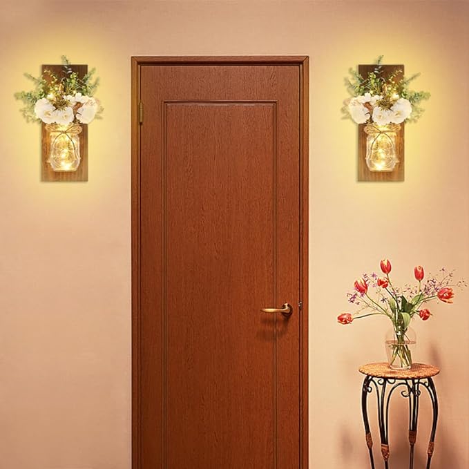 Rustic Wall Sconces Mason Jar Sconces Handmade Wall Art Hanging Design with Remote Control LED Fairy Lights and White Peony,Christmas Decor Gift Farmhouse Wall Home Decor Living Room Lights Set of Two