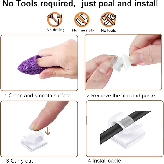 60PCS Cable Clips, KGROTE Outdoor Wire Clips Adhesive Cable Hooks Cord Organizer Holder Christmas Light Clips for Desk, Wall Cable Management, String Lights, Fairy Lights, Decorations Hanging - Clear