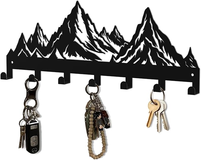 Key Holder Wall Mounted Key Hooks, Black Metal Key Rack Hooks, Mountain Theme Wall Decoration Hooks, with 7 Hooks, Applicable to Front Doors, Lobby,Corridor, Offices (12 ")