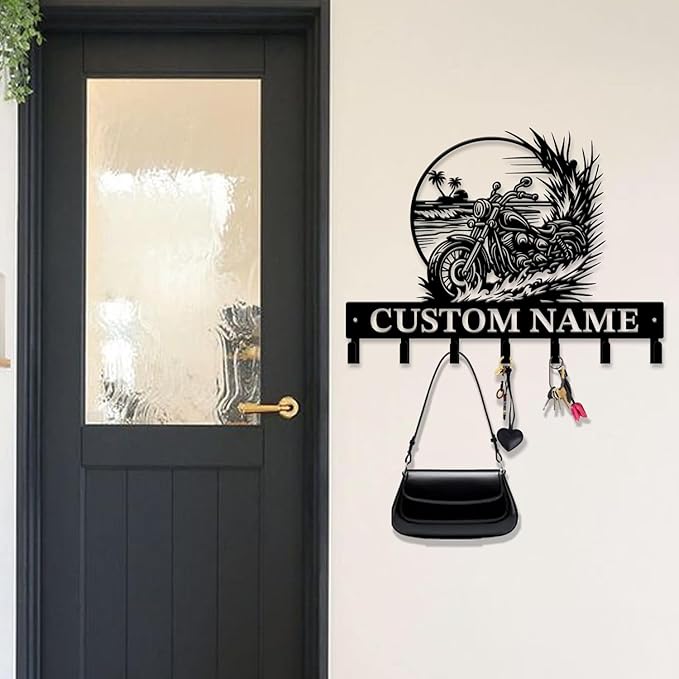 Custom Motorcycle Garage Metal Wall Hooks,Key Holder-Personalized Iron Wall Decor for Keys, Coats & Home(Black, Handmade,Decorative,Entryway, Bedroom,Man Cave) (Style H)