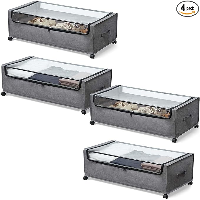 4-Packs Under Bed Storage with Wheels, Under The Bed Storage Drawers On Wheels, Rolling Underbed Drawers, Lockable, Heavy Duty, XXXXL Size 90L