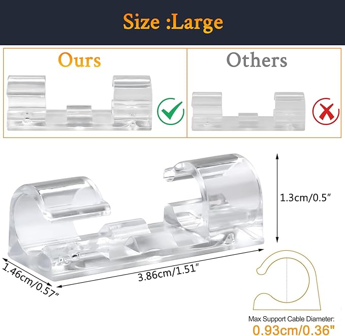 SOULWIT 50 Pcs Self Adhesive Cable Management Clips, Cable Organizers Sticky Wire Clips Cord Holder for TV PC Laptop Ethernet Cable Desktop Home Office (Transparent)