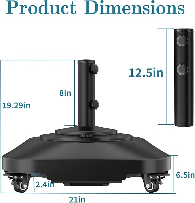 Umbrella Base,Heavy Duty Umbrella Stand with 5 Wheels, Max 180lb Fillable Umbrella Holder Wind-Resistant, Mobile Square Market Stand for Outdoor, Deck, Lawn, Fits Most Sized Umbrellas (21inch)
