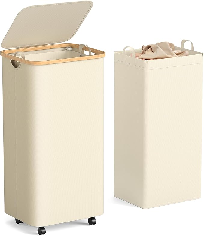 Yecaye 100L Large Capacity Laundry Hamper – Foldable Rolling Laundry Basket, Mobile Clothes Hamper with Wheels, Removable Inner Bag, Bamboo Handle Lid Laundry Bin – Multi-Use Storage,Beige