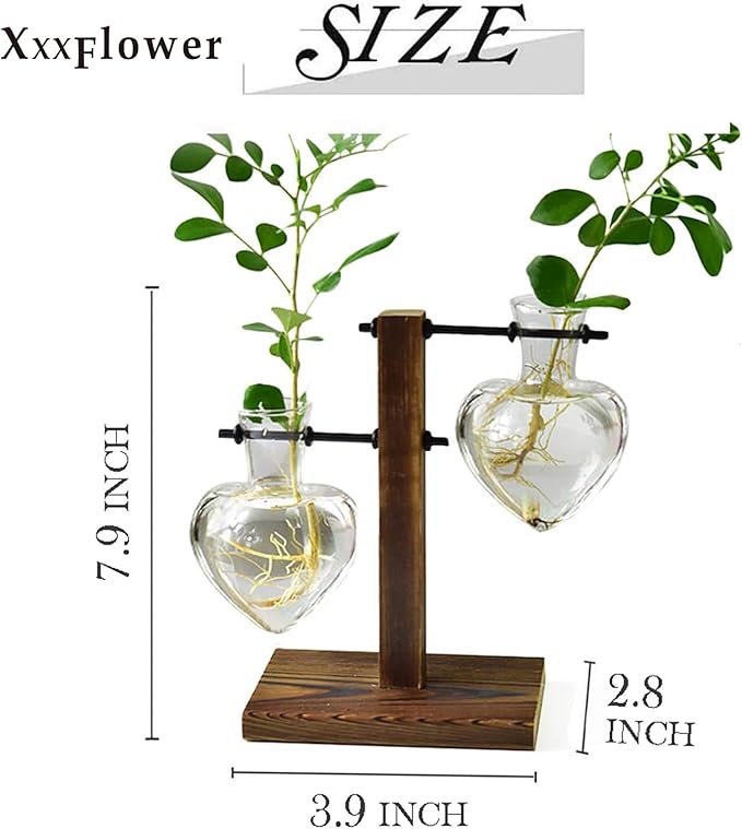 XXXFLOWER Plant Terrarium Wooden Stand, Hydroponic Planter Bulb Glass Metal Swivel Holder Retro Air Plants Water Plants for Home Office Decoration,Gifts for Plant Lover Wife Mom- 2 Love Bulb Vase