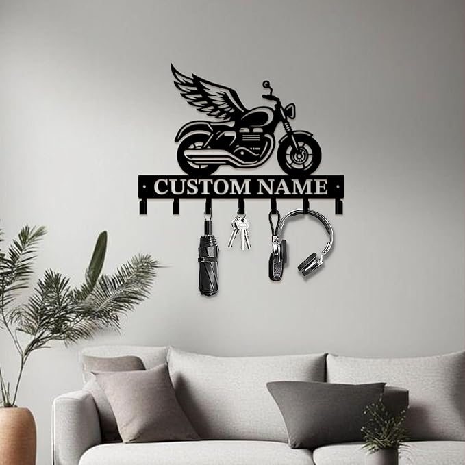 Custom Motorcycle Garage Metal Wall Hooks,Key Holder-Personalized Iron Wall Decor for Keys, Coats & Home (Black, Handmade,Decorative,Entryway, Bedroom,Man Cave) (Style A)