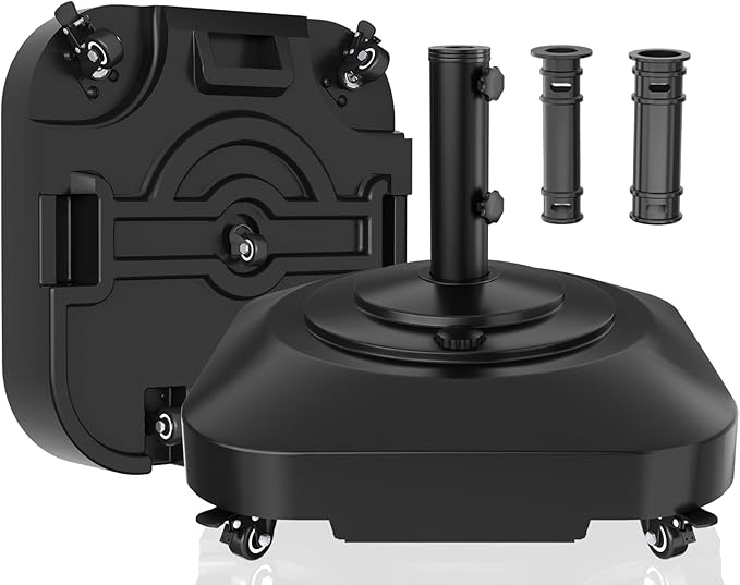 Umbrella Base,Heavy Duty Umbrella Stand with 5 Wheels, Max 135lb Fillable Umbrella Holder Wind-Resistant, Mobile Square Market Stand for Outdoor, Deck, Poolside, Lawn (19)