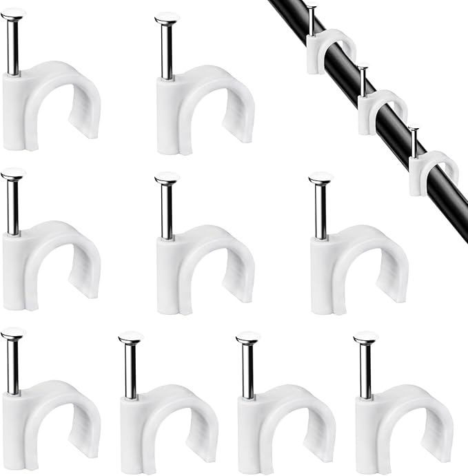 Cable Clips, 100 Pcs, 7mm, Wire Wall Clips with Steel Nails, Cable Management Organizer Clips, Cable Tacks Coax Holder Clips, RG6 RG59 CAT6 RJ45 Cable Cord Clips, White