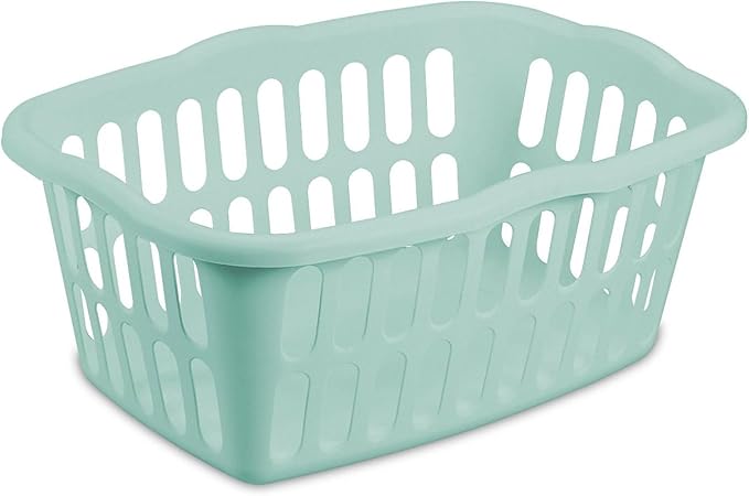 Sterilite 1.5 Bushel Rectangular Laundry Basket, Plastic, Classic Design for Carrying Clothes to and from the Laundry Room, White and Aqua, 12-Pack