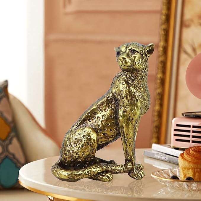 10-inch Antique Gold Leopard Sculpture - Resin Sitting Cheetah Figurine with Gold Dot Design, Art Deco Home Decor for Shelves & Office