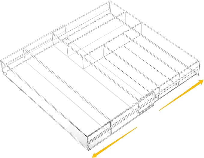 1 Pcs Acrylic Drawer Organizer 9'' up to 18'' x 15'' x 2'' Expandable Drawer Organizer Pens Notebook Ruler Makeup Tray with 7 Adjustable Compartments for Desk Office Kitchen Bathroom(Clear)