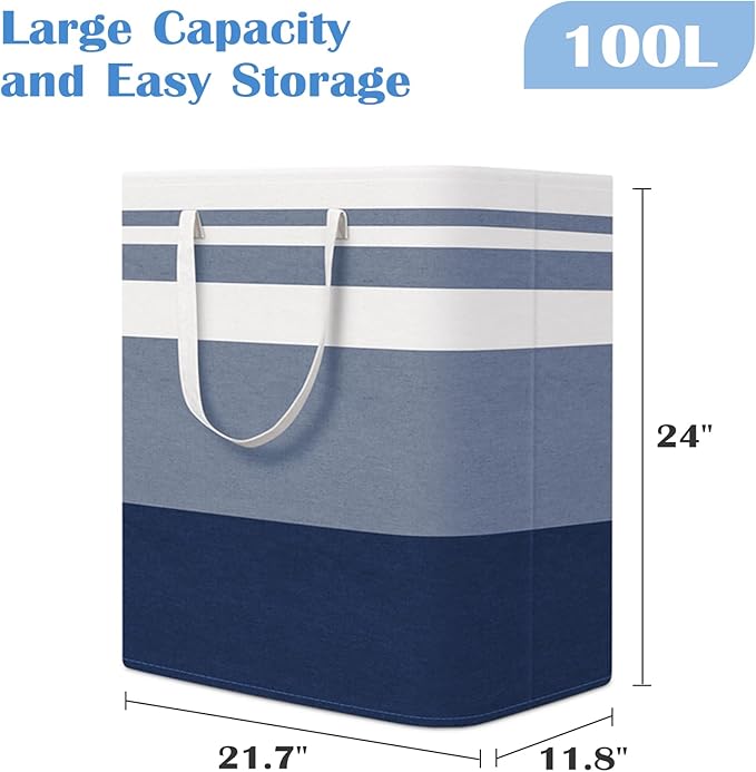 BlissTotes 3-Pack Laundry Basket, Freestanding＆Waterproof Laundry Hamper, Collapsible Tall Clothes Hamper with Easy Carry Handles for Clothes, Towels in the Family and Dorm,Gradient Blue,100L