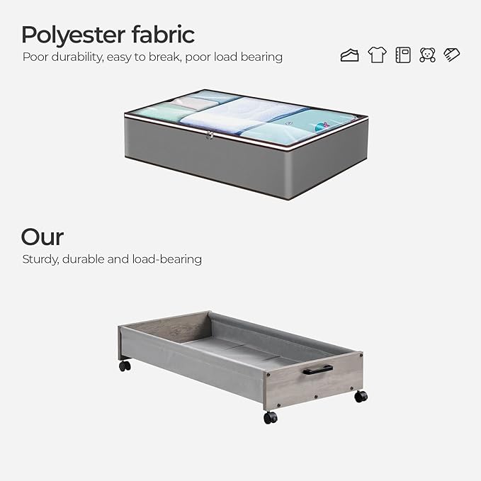 Under Bed Storage with Wheels, Wooden Under Bed Drawers On Wheels, Rolling Under Bed Shoe Storage, Space Saving,Grey,50L