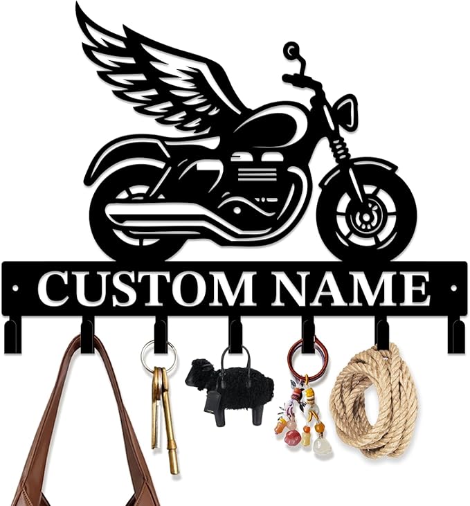 Custom Motorcycle Garage Metal Wall Hooks,Key Holder-Personalized Iron Wall Decor for Keys, Coats & Home (Black, Handmade,Decorative,Entryway, Bedroom,Man Cave) (Style A)