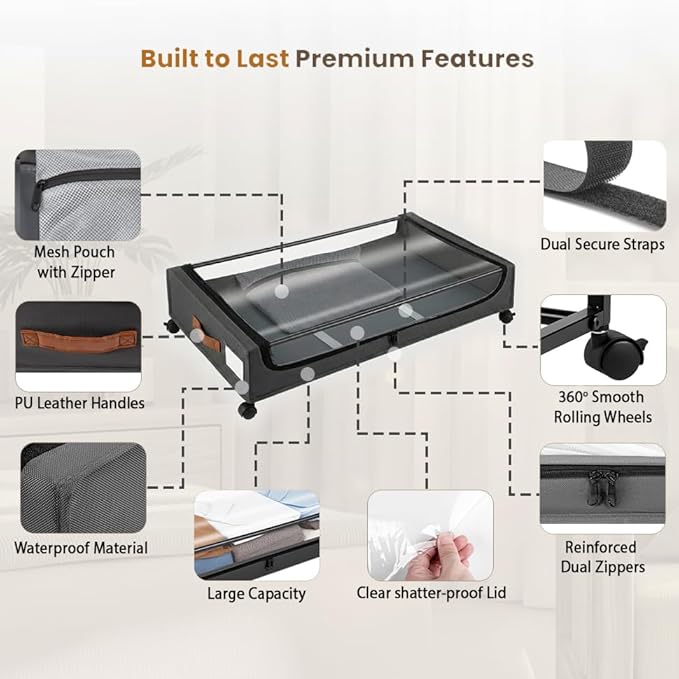 Under Bed Storage with Wheels, XXL 65L Under Bed Drawers, Rolling Metal Drawer for Shoes, Clothes, Books, Toys, Under Bed Organizer with Clear Lids for Dorm Room, Bedroom, Kids Room, 2 Pack