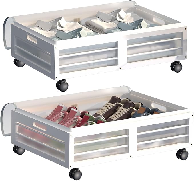 Under Bed Storage Containers with Wheels, Larger Bamboo Wood Under Furniture Storage Containers with Dust Bags，Rolling for Shoes Clothes