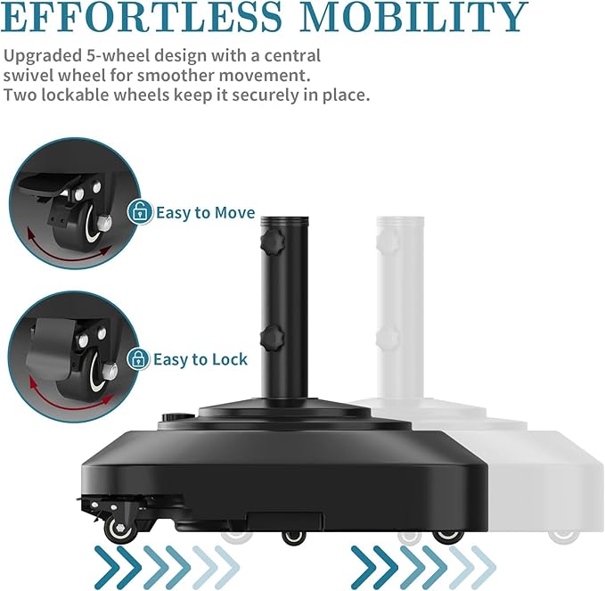 Umbrella Base,Heavy Duty Umbrella Stand with 5 Wheels, Max 180lb Fillable Umbrella Holder Wind-Resistant, Mobile Square Market Stand for Outdoor, Deck, Lawn, Fits Most Sized Umbrellas (21inch)