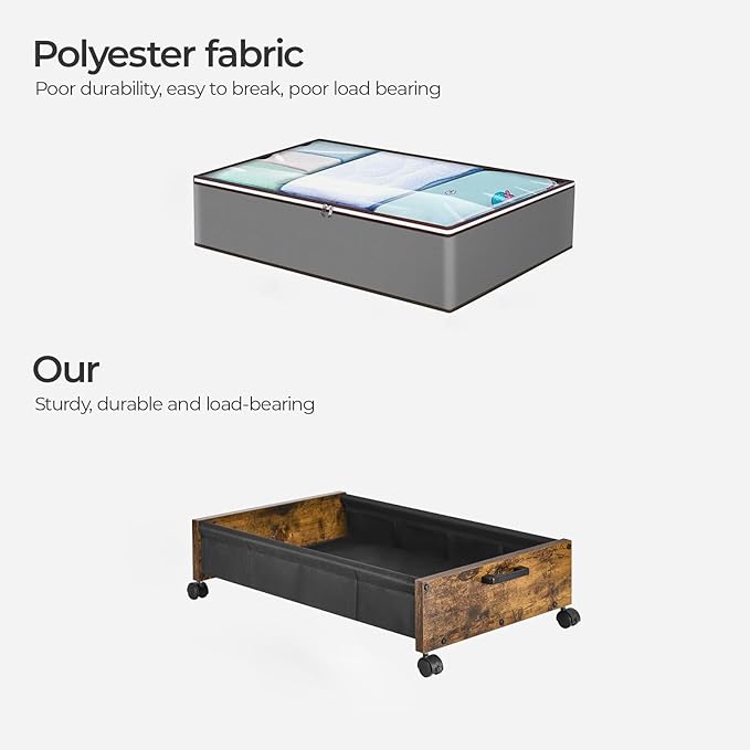 Under Bed Storage with Wheels, Wooden Under Bed Drawers On Wheels, Rolling Under Bed Shoe Storage, Space Saving, Rustic Brown,30L