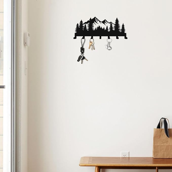 Key Holder Wall Mounted Key Hooks, Black Metal Key Rack Hooks, Grove, Mountain Theme Wall Decoration Hooks, with 7 Hooks, Applicable to Front Doors, Lobby,Corridor, Offices (12 ")