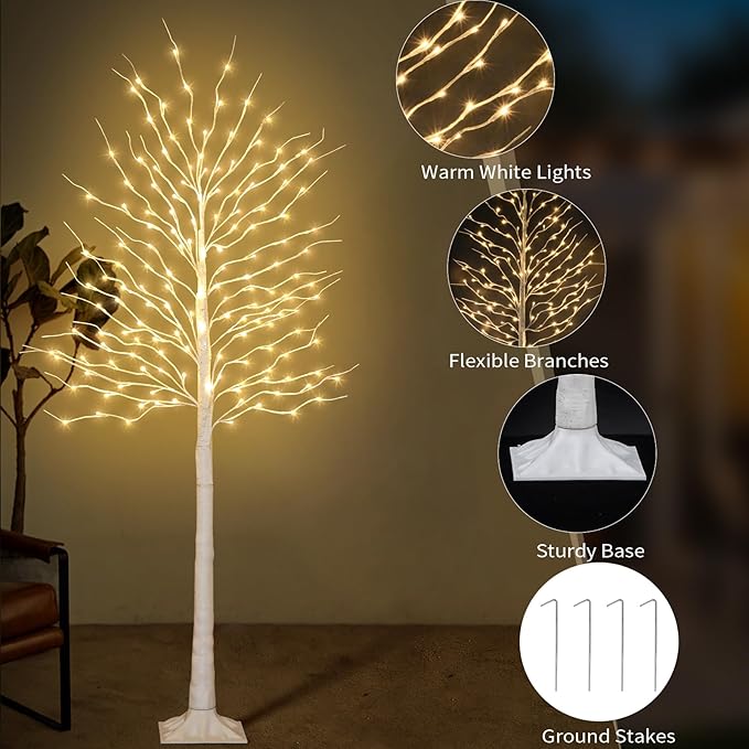 Birch Tree Lights 6+6FT, Set of 2 Prelit Christmas Trees 8 Lighting Effects and Timer, Artificial Trees Warm White Fairy Lights, Twinkling Twig Trees for Xmas Party Wedding Indoor Outdoor