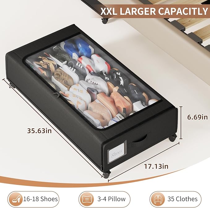XXXXL Extra Long Under Bed Storage with Wheels,BIGGEST Size Available(66L) under the bed storage Organizer with Lid&Label,Rolling Under the bed Metal Drawer for Clothes,Shoes,Toys(36x17x 6In)