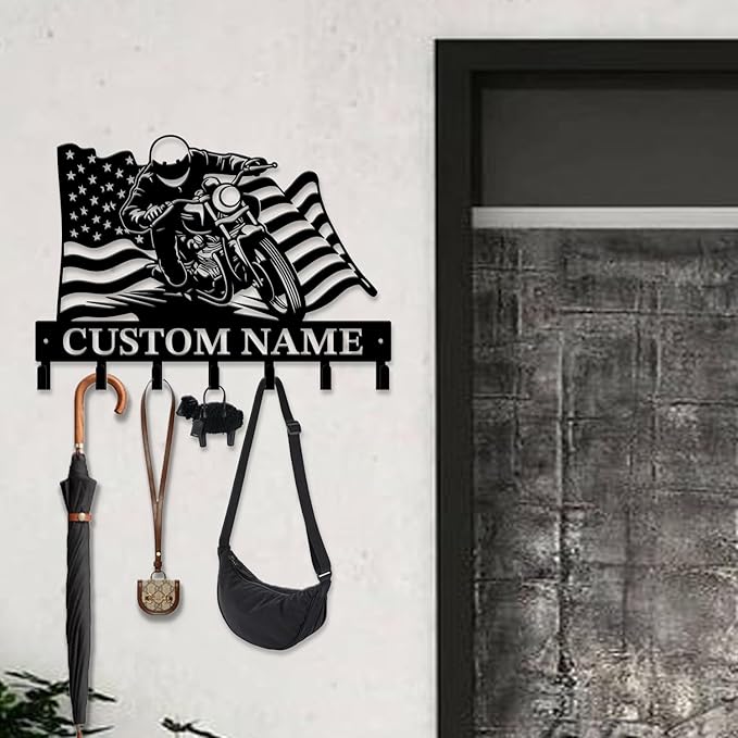 Custom Motorcycle Garage Metal Wall Hooks,Key Holder-Personalized Iron Wall Decor for Keys, Coats & Home (Black, Handmade,Decorative,Entryway, Bedroom,Man Cave) (Style F)
