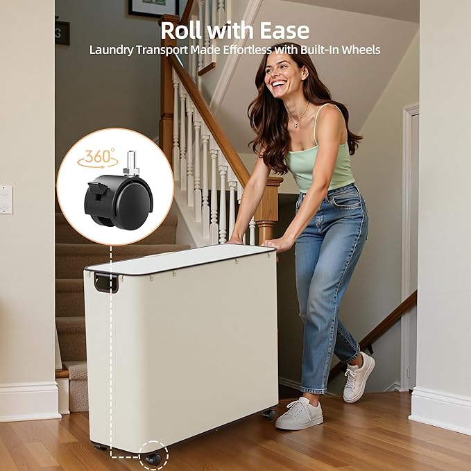 Yecaye 180L Laundry Basket With Lid and Removable 3 Bags, Large Rolling Laundry Hamper with Lid, 3 Section Rolling Clothes Storage With Wheels, Clothes Hamper with Wheels For Laundry Room, Beige