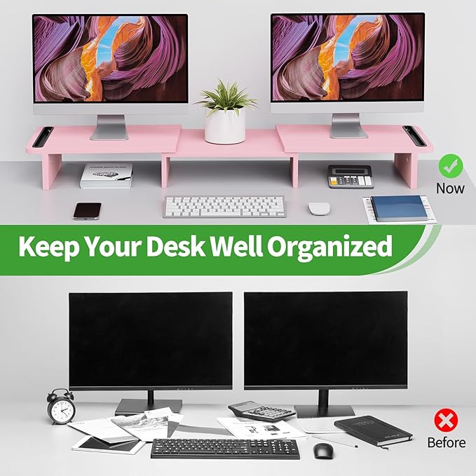Zimilar Dual Monitor Stand Riser, Monitor Stand with Adjustable Length and Angle, Wood Monitor Stand for Desk, Monitor Riser for 2 Monitors with Storage Space