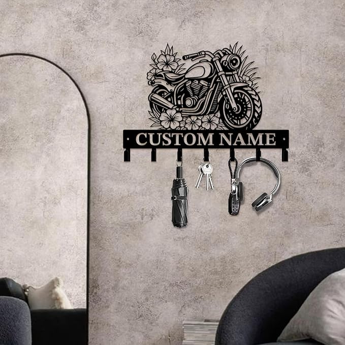 Custom Motorcycle Garage Metal Wall Hooks,Key Holder-Personalized Iron Wall Decor for Keys, Coats & Home (Black, Handmade,Decorative,Entryway, Bedroom,Man Cave) (Style C)