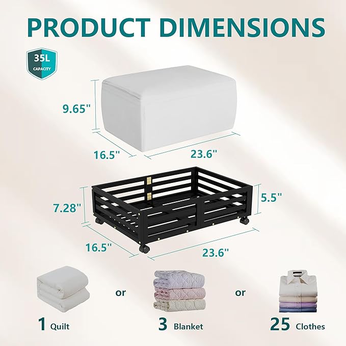 Bamboo Under Bed Storage Containers- Underbed Organizer with Wheels with Large Capacity Dust Bag,Sturdy Wood Rolling Under Bed Shoe Storage Organizer 2 Packs (Black, 2 Packs (23.62"×16.54"))