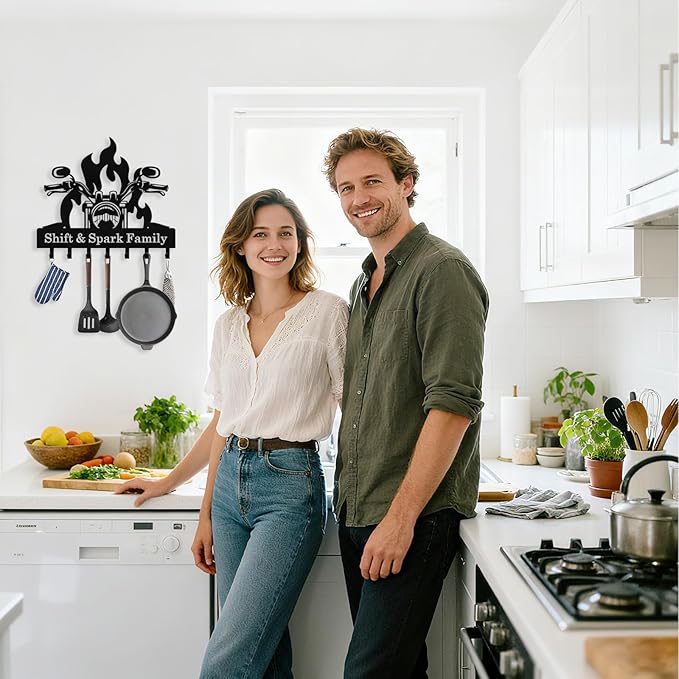 Personalized Flaming Motoclycle Key Holder Wall Mount, Custom Metal Key Rack Key Holder with name, Deer Cabin Wall Keys Hanger with Hooks for Entryway, Front Door, Hallway, Kitchen, Living Room