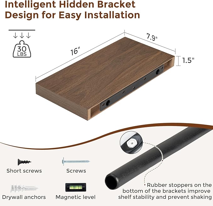 Heimlove 16 Inch Floating Shelves for Wall Walnut Shelves Set of 2,Wall Mounted Rustic Wood 8 Inch Deep Floating Shelf with Invisible Brackets for Bedroom Kitchen Living Room