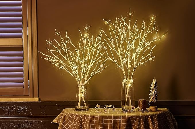 Fudios Lighted Branches 150 LED Fairy Lights with Timer 32in Plug in, Electric Lit White Birch Twigs for Vase Christmas Inside Outside Decor
