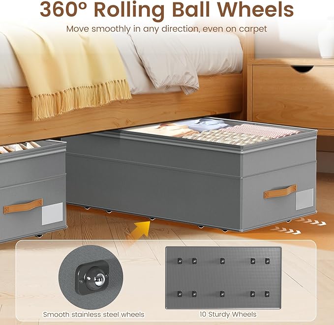 Under Bed Storage with Wheels, 2-Pack Underbed Storage Containers, No Assemble 11 inches 90L XXL Large Adjustable Storage Bins with Clear Lids, Rolling Storage for Clothes, Shoes, Blankets, Gray