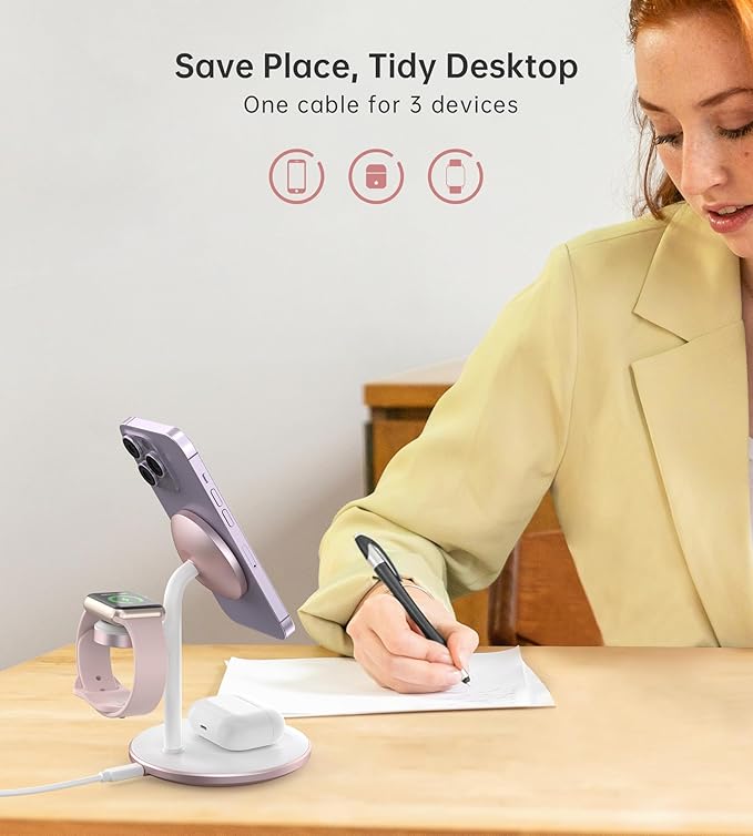 XooFly 3 in 1 Wireless Charging Station for Apple Devices, Fast Wireless Mag-Safe Charger Stand with 20W Adapter for iPhone 17/16 15 14 13 12 Pro Max/Pro/Plus/Air/Mini, iWatch, AirPods (Pink)