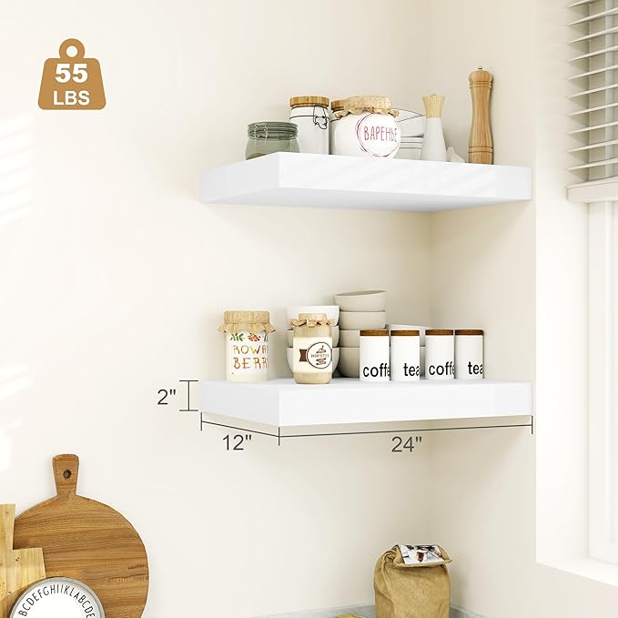 Heimlove 12" Deep White Floating Shelves for Wall, 24 Inch Wall Shelf Bathroom Shelves Set of 1, Mounted Shelves for Books Living Room Laundry Room Bedroom Kitchen Home Office