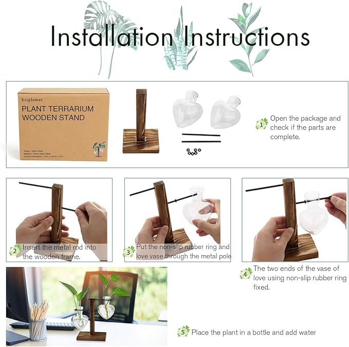 XXXFLOWER Plant Terrarium Wooden Stand, Hydroponic Planter Bulb Glass Metal Swivel Holder Retro Air Plants Water Plants for Home Office Decoration,Gifts for Plant Lover Wife Mom- 2 Love Bulb Vase