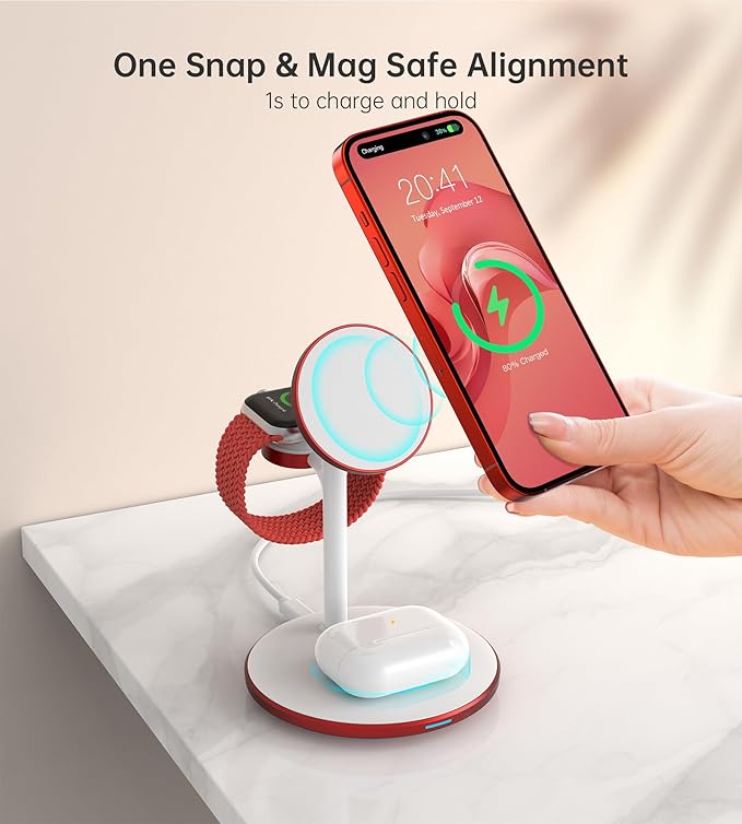 XooFly 3 in 1 Wireless Charging Station for Apple Devices, Fast Wireless Mag-Safe Charger Stand with 20W Adapter for iPhone 17/16 15 14 13 12 Pro Max/Pro/Plus/Air/Mini, iWatch, AirPods (Red)