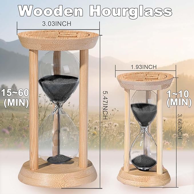 1 Minute Wooden Sand Timers, Bamboo Mini Black Sand Hourglass for Productivity, Meditation & Decor, 1 Min Small Reloj De Arena for Kitchen, Office, Game, Classroom