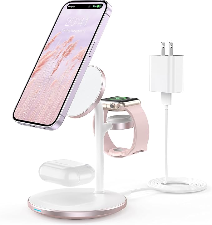 XooFly 3 in 1 Wireless Charging Station for Apple Devices, Fast Wireless Mag-Safe Charger Stand with 20W Adapter for iPhone 17/16 15 14 13 12 Pro Max/Pro/Plus/Air/Mini, iWatch, AirPods (Pink)