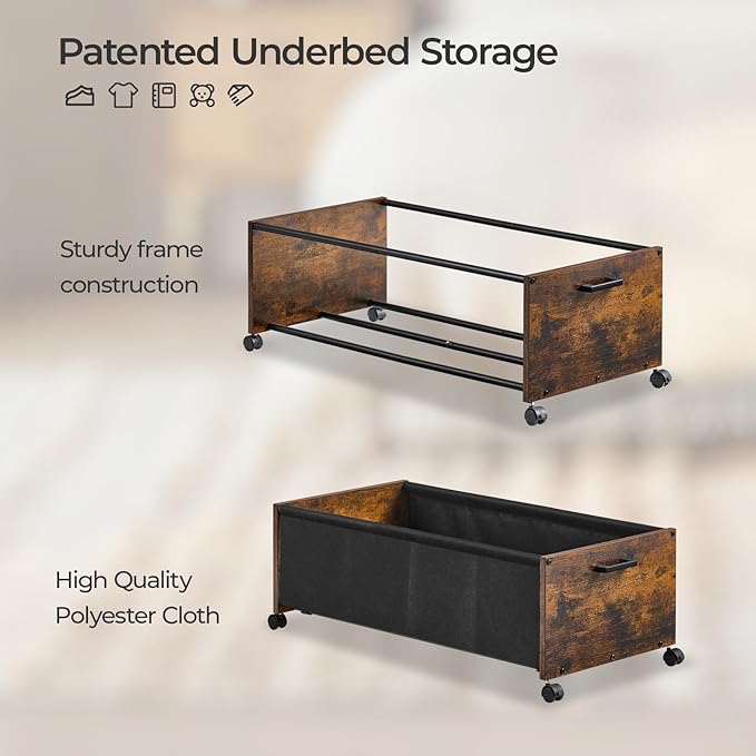 Under Bed Storage with Wheels, Wooden Under Bed Drawers On Wheels, Rolling Under Bed Shoe Storage, Space Saving, Rustic Brown,Quadruple Size,90L